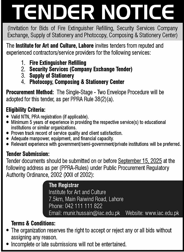 The Institute of Art & Culture Lahore Tender Notice